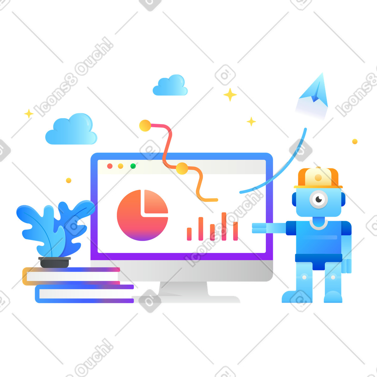 Monitor robot charts and graphs flowers decor around illustration in Hugo style download in PNG, SVG