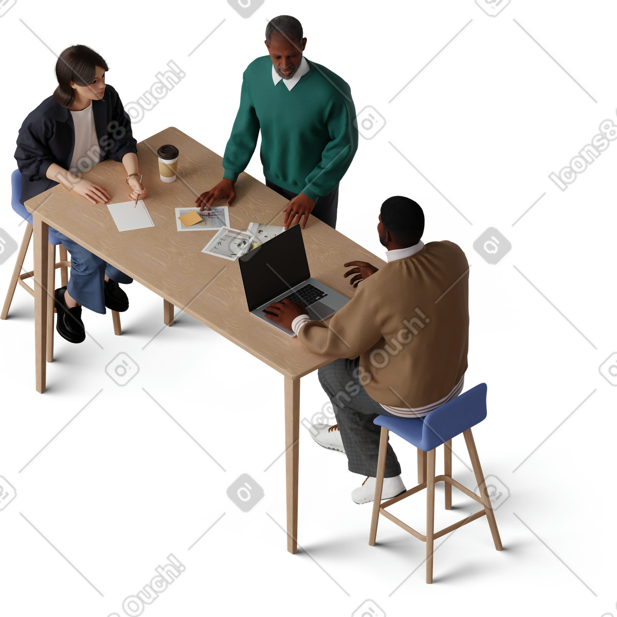 下载 3D Hygge 风格的 Isometric view of colleagues discussing the project 插画，支持 PNG、SVG 格式