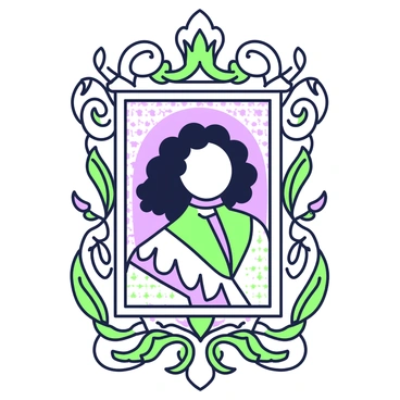 An ornate frame with flowing lines is prominently displayed. The frame features intricate designs typical of the art nouveau style, with curvilinear forms and botanical elements. Inside the frame, there is a portrait that embodies the characteristics of Beardsley illustration style. The portrait showcases a figure with flowing hair and elaborate clothing, set against a patterned background that complements the frame. The overall composition highlights the elegance and detail of both the frame and the portrait.