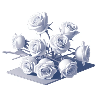 A collection of roses of different sizes gathered together. The roses exhibit various shapes and textures, showcasing intricate petal arrangements. They are arranged on a flat surface, reminiscent of a painter's palette, with the flowers overlapping slightly, creating a harmonious display. The stems of the roses are visible, some longer than others, adding to the dynamic composition. Each rose presents a distinct form, contributing to an overall sense of artistic arrangement.