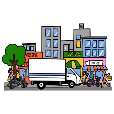 A large moving truck is parked in a busy downtown area. The truck is white with a blue stripe along the side. Surrounding the truck are various cafes and shops with colorful awnings and outdoor seating. People are walking along the sidewalk, some carrying shopping bags. There are tall buildings in the background, with large windows reflecting the sunlight. The scene is lively, with a few bicycles parked along the street and a tree providing shade nearby.