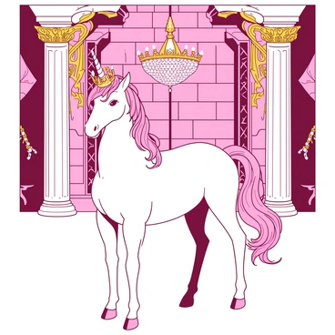 A white unicorn with a spiraled horn is standing elegantly in the center of a royal palace. The unicorn has a golden crown adorned with sparkling jewels resting on its head. Surrounding the unicorn are lavishly decorated stone walls in ornate patterns, with intricate golden accents highlighting the architecture. Luxurious tapestries hang from the walls, showcasing intricate designs. A grand chandelier made of crystal hangs from the ceiling, casting shimmering reflections throughout the room.