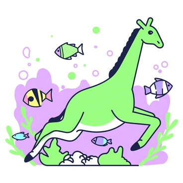 A giraffe is swimming gracefully underwater, surrounded by a variety of exotic fish. The giraffe's long neck is elegantly arched as it moves through the water. The fish are colorful, with distinct shapes and patterns, swimming around the giraffe in a choreographed dance. Bubbles escape from the giraffe's nostrils, and light filters down from the surface, creating a soft glow in the water. The background includes swaying aquatic plants, adding a sense of movement to the scenery.