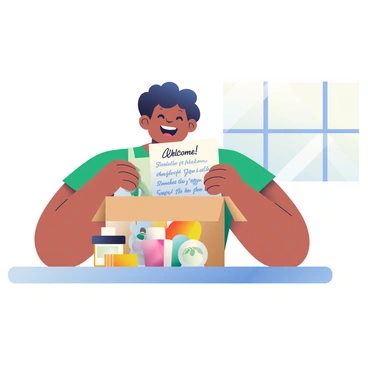 A new customer with light brown skin and curly black hair is sitting at a dining table, eagerly opening a welcome package. The package is brown cardboard with a colorful logo on the front. Inside, there are various product samples, including a small jar of cream, a tube of lotion, and a few sachets of tea, all neatly arranged. A personalized letter, written on crisp white stationery, is placed prominently on top of the samples, with "Welcome!" written in a friendly font. The customer is smiling with excitement as they carefully unfold the letter. Soft light from a nearby window casts gentle shadows on the table.