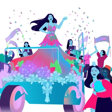 A woman named "Priscilla" with flowing dark hair and a vibrant, flowing dress adorned with multicolored patterns is standing on a float. The float is intricately decorated with large, colorful flowers and shimmering lights. Priscilla is smiling and waving enthusiastically to the crowds. Spectators are cheering and holding up colorful banners and confetti is falling from above, creating a festive atmosphere. The streets are lined with people of all ages, some wearing costumes and hats, enjoying the lively parade.