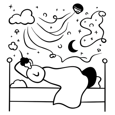 A person lying on a bed, covered with a blanket, in a relaxed position suggesting sleep. Above their head, a swirling dreamscape is depicted, featuring abstract shapes and flowing patterns. Various whimsical elements such as stars, clouds, and whimsical trees emerge from this dreamscape, creating a sense of movement and imagination. The overall composition emphasizes the contrast between the stillness of the sleeping figure and the dynamic dream environment surrounding them.