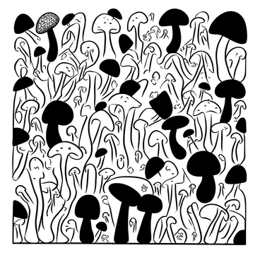 A large black-and-white mosaic art piece composed of various sizes of "shiitake mushrooms" arranged in an intricate pattern. The mushrooms are depicted with detailed textures on their caps and stems, creating a sense of depth. The overall composition showcases a dynamic interplay of shapes and forms, while maintaining a harmonious balance throughout the artwork.