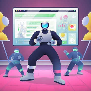 A cyborg with a metallic body and glowing blue eyes is practicing martial arts in a dojo illuminated with vibrant neon lights in shades of pink and green. The cyborg is wearing a fitted black and silver training suit, showcasing its sleek design. Surrounding the cyborg are holographic assistants projected as translucent figures that mimic various martial arts poses. The dojo features traditional elements such as a wooden floor and wall-mounted training dummies. A large screen on the wall displays dynamic training statistics and techniques being performed.