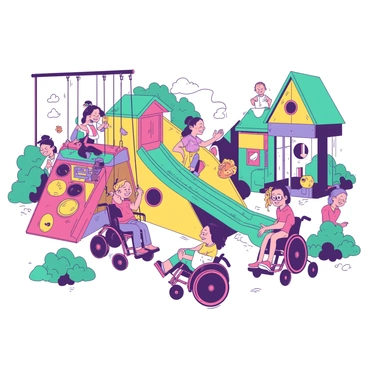 A vibrant playground filled with children of diverse abilities playing together. There are children in wheelchairs using accessible swings that are designed for easy transfer. Nearby, a boy with a hearing aid is laughing as he slides down a teal slide, while a girl with glasses is climbing a yellow climbing frame. A group of children is gathered around a large, inclusive sensory panel that features various textures and sounds. The playground is surrounded by colorful murals and greenery, enhancing the cheerful atmosphere.
