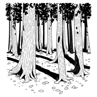 A forest filled with tall trees, each covered in bark that resembles "pages filled with ancient writing." The bark has intricate carvings and patterns that give the appearance of an ancient manuscript. Sunlight filters through the leaves, highlighting the texture of the bark. The ground is scattered with fallen leaves, creating a natural carpet. There are small plants and moss growing at the base of the trees, adding to the richness of the scene.