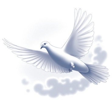 A white dove is soaring through the sky. Its wings are spread wide as it glides effortlessly. The dove's feathers are smooth and pristine. The background is filled with soft, cloud-like shapes that create a sense of depth. Sunlight radiates from various angles, casting gentle shadows and highlighting the contours of the dove's body. The overall scene conveys a sense of freedom and tranquility.