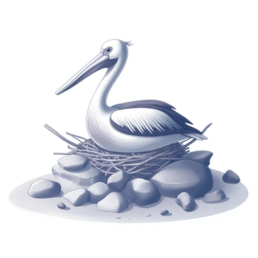 A "brown pelican" is sitting on its nest, which is constructed from twigs and seaweed. The nest is nestled among jagged "rocks" on a beach. The pelican has its wings slightly extended, showcasing its distinctive long bill. Surrounding the nest are various pieces of "seaweed" in different shapes and textures, scattered on the sandy surface of the beach. The scene captures a natural coastal habitat with the pelican in a resting position, providing a glimpse into its environment.