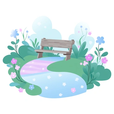 A whimsical path in a garden is composed of overlapping rugs in various patterns and colors, creating a vibrant and inviting walkway. The rugs are arranged in a meandering fashion, guiding the viewer's gaze towards a hidden bench nestled among lush greenery and blooming flowers. The bench is made of weathered wood, partially obscured by flowering plants, inviting visitors to take a moment of rest. Brightly colored flowers bloom along the sides of the path, adding to the enchanting atmosphere of the garden.