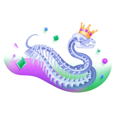 A snake skeleton lying gracefully on a soft, pastel-colored surface. The skeleton is intricately detailed, showcasing each vertebra and rib. Perched atop the skull is a tiny golden crown, gleaming with tiny gemstones embedded in it. Surrounding the skeleton are an array of sparkling jewels, including rubies, emeralds, and sapphires, delicately arranged in a visually pleasing manner. The overall composition is elegant and whimsical, highlighting the unique combination of the snake skeleton and its regal adornments.