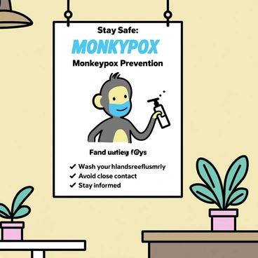 A cheerful reminder poster about monkeypox prevention hanging in a local coffee shop.