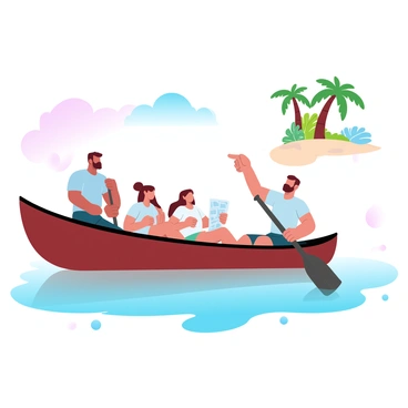 A group of four adventurers is in a dugout canoe, gliding over clear turquoise water. Two men are paddling, while a woman is sitting in the middle, holding a map, looking towards the horizon. The fourth member, a man, stands at the front of the canoe, pointing towards a distant tropical island. The island features lush green palms, vibrant tropical foliage, and sandy shores. The sky is painted with soft gradient pastel colors, indicating a beautiful sunset. The water reflects these hues, creating a harmonious visual of adventure and exploration.