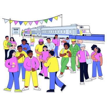 A train station bustling with travelers. People of diverse backgrounds are adorned in vibrant colors from the Holi festival, showcasing bright pinks, yellows, greens, and blues. Some travelers are standing in groups, laughing and chatting, while others are sitting on benches, waiting for their trains. In the background, a train can be seen arriving at the platform, with its doors open. Colorful banners and decorations can be spotted around the station, enhancing the festive atmosphere.