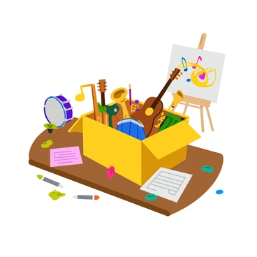 An illustration box filled with musical instruments that are inspiring an artist to create music-themed artwork.