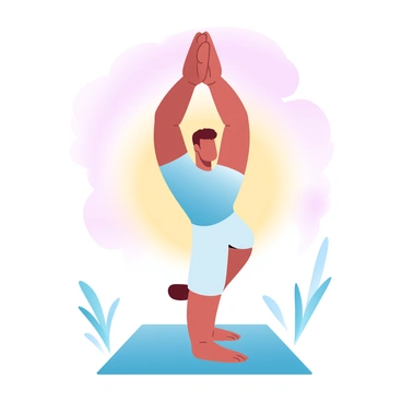 A person is standing on a yoga mat, demonstrating a sun salutation pose. The individual has their arms raised above their head, with palms together. The background shows a vibrant sunrise, casting warm colors across the sky. Soft pastel hues blend in the clouds, creating a soothing ambiance. The yoga mat is positioned on a flat surface, and a few grasses or plants are visible nearby, enhancing the serene environment.
