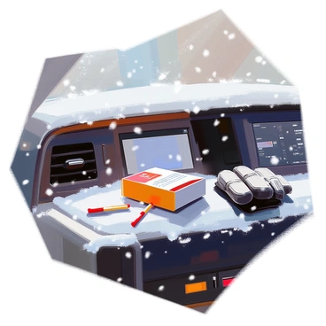A small rectangular box of safety matches is placed on the console of a vehicle. The console is partially covered with a fine layer of snow, creating a contrast against the dark interior. The snowflakes are visible, clinging to the edges of the box and the surface of the console. The vehicle's dashboard is equipped with various controls and a few scattered items, such as a pair of gloves and a small flashlight. The overall scene suggests a chilly winter environment, with the snow outside visible through the windshield.