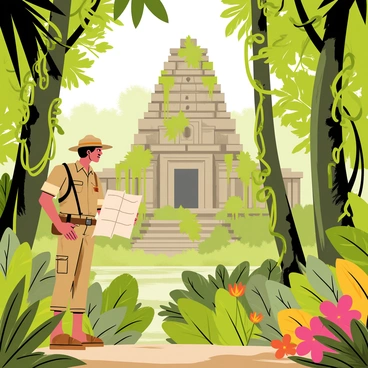 An explorer wearing a khaki outfit and a wide-brimmed hat is standing at the edge of a dense jungle. The jungle is filled with lush green foliage, towering trees, and vibrant tropical flowers. In the distance, an ancient temple made of weathered stone is partially obscured by thick vines and moss. The explorer holds a map in one hand and gazes intently at the temple, which has intricate carvings on its façade. Sunlight filters through the trees, casting dappled shadows on the forest floor.