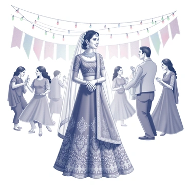 A bride wearing an intricately designed lehenga, adorned with ornate patterns and embellishments. She stands in the forefront, with her hair styled elegantly, decorated with traditional jewelry and floral accessories. Surrounding her are vibrant decorations typical of an Indian festival, including colorful banners and garlands. Groups of people are dancing joyfully in the background, some playing traditional instruments such as dhols and flutes. The atmosphere is filled with energy as couples and families celebrate together, dressed in their finest attire. Festive lights hang overhead, adding to the lively ambiance of the celebration.
