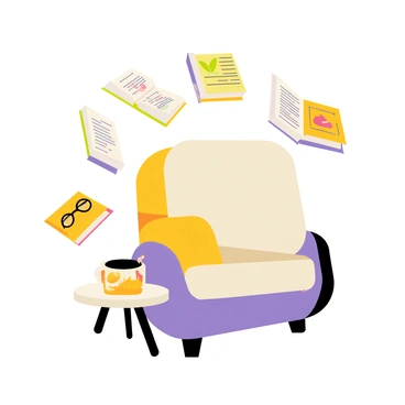 A cozy reading nook featuring a comfortable armchair upholstered in soft fabric. Surrounding the nook are several colorful books floating in the air, with their covers displaying various titles and illustrations. The pages of the books are flipping open on their own, revealing printed text and illustrations. A small side table beside the armchair holds a steaming cup of tea and a pair of reading glasses. Warm light illuminates the nook, creating a welcoming atmosphere.
