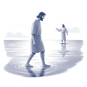 Peter is depicted walking on water, with his feet just above the surface, causing gentle ripples to form. He has a determined expression on his face as he moves forward. In the background, there is a serene horizon where the sun is rising, casting soft light across the water. Jesus is visible in the distance, standing on the water, with an outstretched hand, welcoming Peter towards him. The sky features a gradient of soft light, and the water appears calm, reflecting the early morning light.