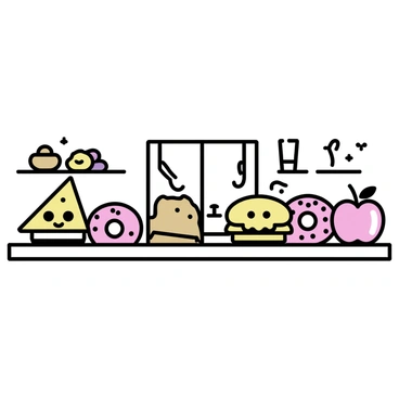 A kitchen scene featuring a wide countertop. On one side, there are various cartoon food items, including a smiling slice of pizza, a cheerful burger with big eyes, and a happy donut with sprinkles. On the other side, there are illustrated food items, including a realistic loaf of bread, a cluster of grapes, and a shiny red apple. Above the countertop, there are shelves with kitchen utensils, and a window can be seen in the background, letting in natural light.