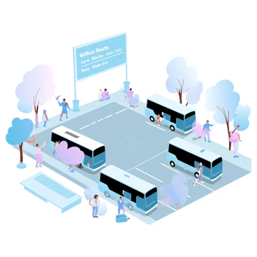 A central shuttle bus hub is filled with several buses in varying colors parked at designated bays. Passengers are seen interacting as they transfer between buses, carrying bags and luggage. Some passengers are checking schedules on digital displays, while others are conversing in small groups. Surrounding the hub, there are benches where waiting passengers sit, and a few trees provide a touch of greenery. A large sign indicating the bus routes is prominently displayed above the hub.