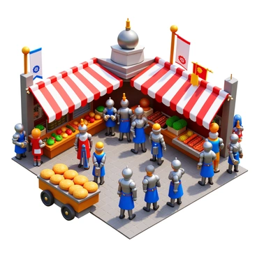 A 3D cartoon medieval market filled with various stalls and vibrant colors. Merchants display their goods, including fruits, vegetables, textiles, and pottery. Knights in shiny armor stand around, engaging in conversation with townsfolk. Bright banners and flags flutter in the breeze above the market, creating a lively atmosphere. The cobblestone streets are full of people chatting and bartering, while a wooden cart is loaded with freshly baked bread nearby. The sun shines down, casting playful shadows across the scene.