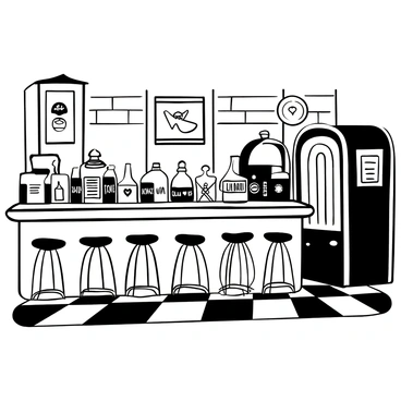 A classic 1930s diner featuring a long counter with shiny chrome stools arranged neatly in front. Vintage soda bottles with unique shapes are displayed on the counter, creating a nostalgic atmosphere. The walls are adorned with retro posters, while checkered flooring adds to the diner’s authentic feel. A jukebox stands in the corner, contributing to the vintage ambiance of the space.