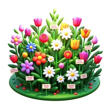 A garden filled with numerous blooming flowers in vibrant colors. Each flower is attached to a small label. The labels feature handwritten text that represents cherished memories. The scene is lush and well-organized, with a variety of flower types, including roses, daisies, and tulips. Sunlight filters through the leaves, casting gentle shadows on the ground. The overall atmosphere conveys a sense of nostalgia and beauty.