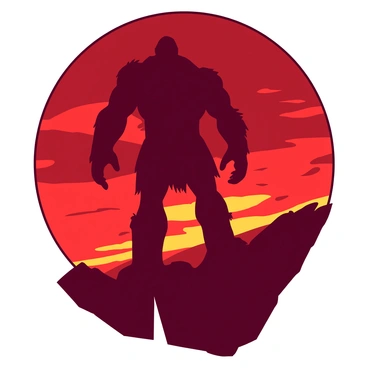 A large titan's silhouette stands majestically on a rocky cliff, outlined against a blood-red sunset sky. The titan has massive shoulders and an imposing stance, with arms slightly raised, as if embracing the fading light. Below the titan, jagged rocks are visible, casting long shadows. The horizon is ablaze with vibrant shades of red, creating a dramatic backdrop around the titan's dark form.