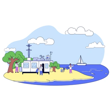 A coastal observation station with a white building sitting on a sandy shoreline. The station is equipped with tall antennas and observation equipment. Scientists, dressed in lab coats, are using computers and binoculars to monitor the ocean. The sea is calm with gentle waves lapping at the shore. In the background, there are a few small boats anchored nearby. The sky is clear with a few fluffy clouds scattered. There are coastal trees swaying slightly in the breeze surrounding the station.