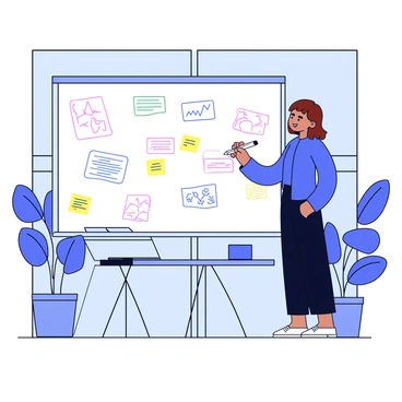 A woman with shoulder-length brown hair is standing in front of a large whiteboard in a modern office setting. She is wearing a blue blouse and black pants. The whiteboard is filled with colorful diagrams and notes written in various colors. The office has large windows allowing natural light to fill the space, and there are sleek desks and plants in the background. The woman is holding a marker and appears to be deep in thought as she looks at the whiteboard.
