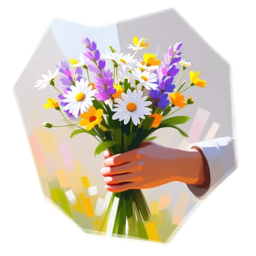 A close-up view of a hand with light skin gently holding a freshly picked bouquet of wildflowers. The bouquet consists of a variety of colorful flowers including daisies, purple lupines, and yellow buttercups, all in full bloom. The hand is positioned carefully around the stems, with some green leaves visible among the flowers. The background features soft, blurred grass and hints of sunlight, enhancing the natural beauty of the scene. The flowers have dew drops glistening on their petals, adding a fresh and lively touch to the arrangement.