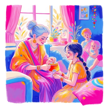 A grandmother gifting a pair of jhumka earrings to her granddaughter during a family gathering.