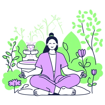 A person is sitting cross-legged on a stone pathway in a garden. The individual has long hair tied back and is wearing a simple, flowing tunic. Surrounding them are various plants, including leafy shrubs and blooming flowers. Sunlight filters through the branches of tall trees, casting gentle shadows. The person's hands rest on their knees, palms facing up, while their eyes are closed, and their expression radiates calmness. In the background, there is a small stone fountain with water trickling softly.