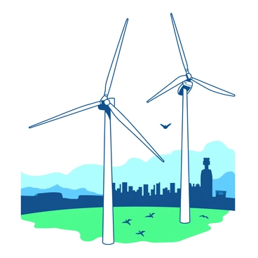 A scene featuring two large white wind turbines spinning in the foreground, their blades moving gracefully against a backdrop of a hazy sky. In the background, a skyline is barely visible through a layer of pollution, hinting at industrial buildings and factories. Below the turbines, a vibrant green field stretches across the landscape, contrasting with the muted colors of the polluted air. Birds can be seen flying near the turbines, creating a sense of movement and life amidst the environmental challenge.