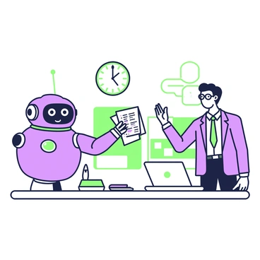 A friendly robot with a rounded body and a digital face is standing next to an auditor. The robot is extending its mechanical arm, holding a stack of data sheets. The auditor, wearing glasses and dressed in a formal suit, is reaching out to take the data sheets. The background features a desk with a laptop open and a few scattered documents. A wall clock is visible in the upper corner, showing the time. The robot has bright eyes that convey a sense of friendliness and readiness to assist.
