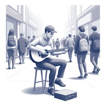 A street musician is positioned on a bustling sidewalk, seated on a small stool. He is playing an acoustic guitar, with his fingers skillfully strumming the strings. The musician has a focused expression, immersed in his music. Around him, a diverse crowd of people is passing by, some glancing towards him while others are engaged in their conversations. A small open guitar case is placed on the ground in front of him, suggesting he is accepting tips. The sidewalk is lined with small shops and buildings, adding to the lively urban atmosphere.