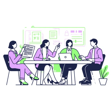 A group of four professionals is gathered around a rectangular table covered with various insurance documents. Two men and two women are seated, each engaged in discussion. One woman is pointing at a document with a pen in her hand, while a man across from her is taking notes. The other woman is looking at a laptop placed on the table, and the other man is flipping through a file. In the background, there is a whiteboard with graphs and notes written on it, and a few potted plants add greenery to the scene.