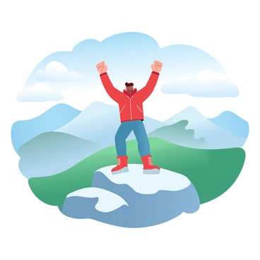 A person standing triumphantly at the peak of a snow-capped mountain. The person is wearing a bright red jacket and hiking boots, with arms raised in a victorious pose. The surrounding landscape is vast, showcasing rolling hills and distant peaks covered in lush greenery and patches of snow. A clear blue sky stretches above, and a few puffy white clouds drift lazily. The atmosphere is filled with the sense of adventure and exploration. The sound of an echo can be imagined reverberating through the mountains.