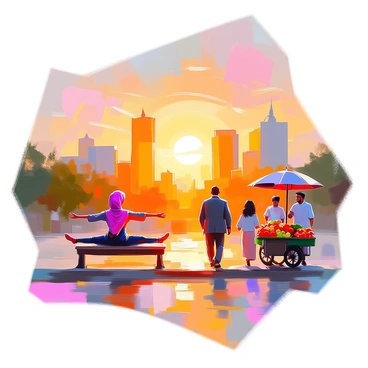 A vibrant sunrise casts a warm golden light over a bustling cityscape. The sun's rays illuminate tall buildings and rooftops, creating a beautiful contrast with the early morning sky filled with hues of orange, pink, and purple. In the foreground, people of different cultures begin their day; a woman in a brightly colored hijab is stretching in a park, while a man in a business suit walks briskly down the sidewalk. Nearby, a couple with traditional garments share a quiet moment on a bench. A street vendor setting up a cart of fresh fruits can be seen as well. The atmosphere is lively with people starting their routines, showcasing the diversity of the city.