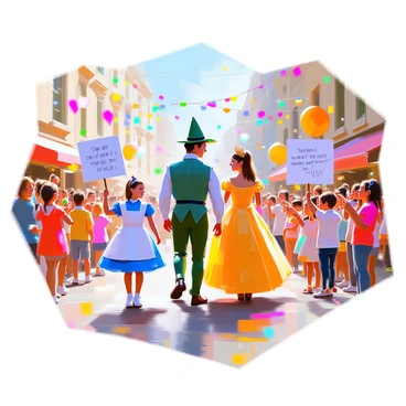 A vibrant parade is taking place in a bustling street filled with colorful decorations and banners. People of various ages are dressed as iconic characters from famous books. A young girl in a blue dress and a white apron is portraying "Alice," while a tall figure in a green vest and a pointed hat represents "Peter Pan." Beside them, a woman in a flowing gown and a golden tiara captures the essence of "Belle" from "Beauty and the Beast." Excited children hold up handmade signs featuring quotes from their favorite stories. The atmosphere is lively, with confetti falling from the sky and onlookers cheering along the sidelines.
