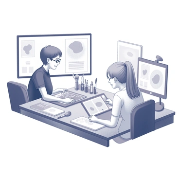 Two digital illustrators are engaged in a video call, seated at their respective desks. Each illustrator has a digital tablet in front of them. The first illustrator has short hair and is wearing glasses, focused on their screen while sketching. The second illustrator, with long hair tied back, is smiling and discussing ideas, pointing at their tablet. The background of each workspace features various art supplies, including brushes and sketchbooks. The screens show their artwork in progress, highlighting detailed line work and dynamic shapes.