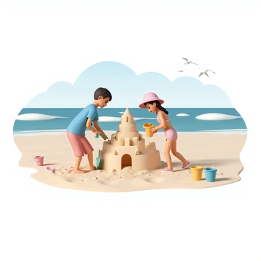 Two children, a boy and a girl, are working together on a sandy beach to build an elaborate sandcastle. The boy, wearing a blue swim shirt and red swim trunks, is digging with a green shovel. The girl, dressed in a pink bathing suit with a matching sunhat, holds a yellow bucket filled with sand, preparing to pour it into the castle structure. Around them, there are additional colorful buckets and shovels scattered on the sand. The ocean waves are gently rolling in the background under a clear blue sky, with a few seagulls flying overhead.