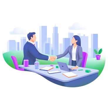 A modern pastel illustration depicting two executives shaking hands across a large conference table. The table is filled with various items, including a laptop, a notepad, and pens. Behind them, a panoramic view of a city skyline stretches across the horizon, featuring tall skyscrapers and a clear blue sky. The executives are dressed in professional attire, one wearing a navy suit and the other in a gray blazer. Subtle details like glass water bottles and a potted plant are placed on the table to enhance the setting.