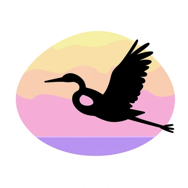 A silhouette of a heron flying against a vibrant sunset sky.